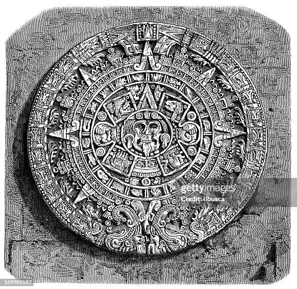 antique illustration of aztec calendar stone - zapotec people stock illustrations