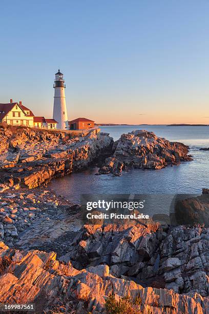 portland head light (lighthouse) at sunrise, maine - maine lighthouse stock pictures, royalty-free photos & images