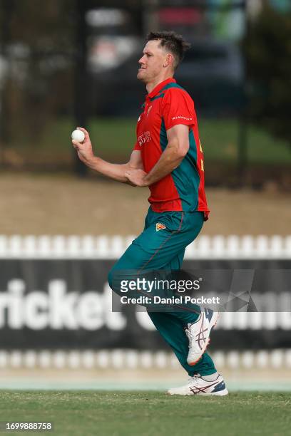 Beau Webster of Tasmania bowls during the Marsh One Day Cup match between Victoria and Tasmania at CitiPower Centre, on September 25 in Melbourne,...