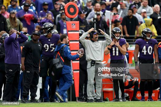 Head coach John Harbaugh of the Baltimore Ravens reacts to a call in overtime during the Ravens loss to the Indianapolis Colts at M&T Bank Stadium on...