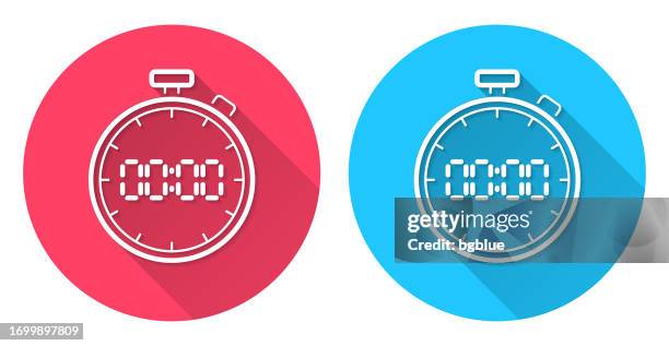 digital stopwatch. round icon with long shadow on red or blue background - digital clock numbers stock illustrations