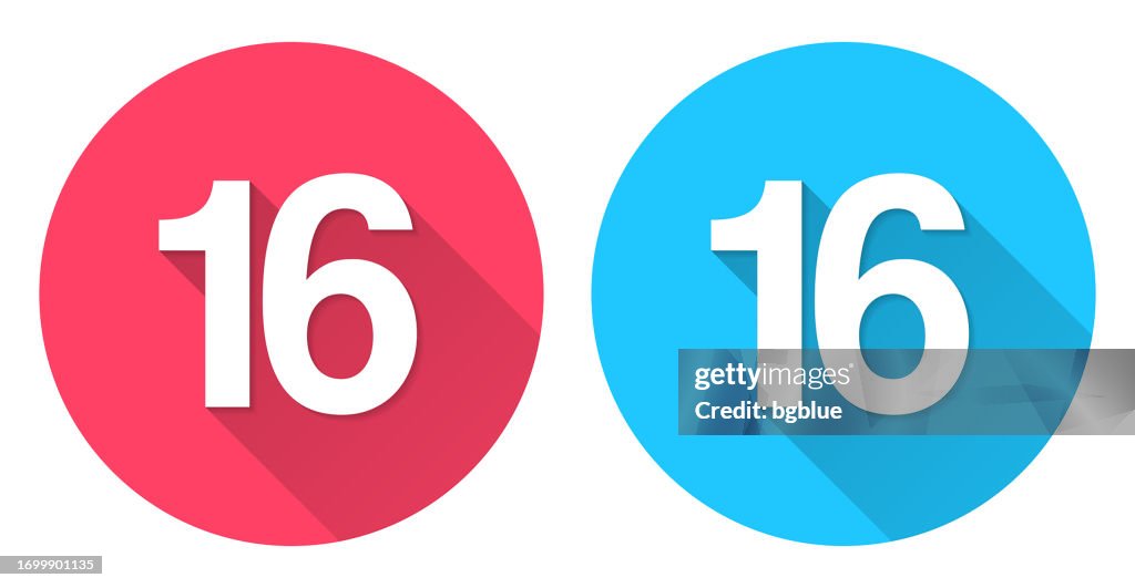 16 - Number Sixteen. Round icon with long shadow on red or blue background