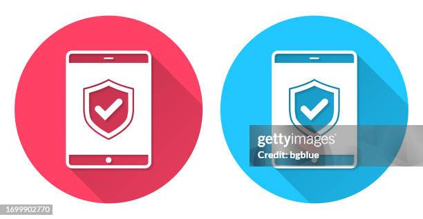 secure tablet pc. round icon with long shadow on red or blue background - quality control approved stock illustrations