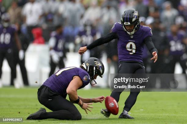 Place kicker Justin Tucker of the Baltimore Ravens kicks a first half field goal against the Indianapolis Colts at M&T Bank Stadium on September 24,...