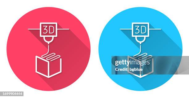 ilustraciones, imágenes clip art, dibujos animados e iconos de stock de impresora 3d. icono redondo con sombra larga sobre fondo rojo o azul - 3d printing