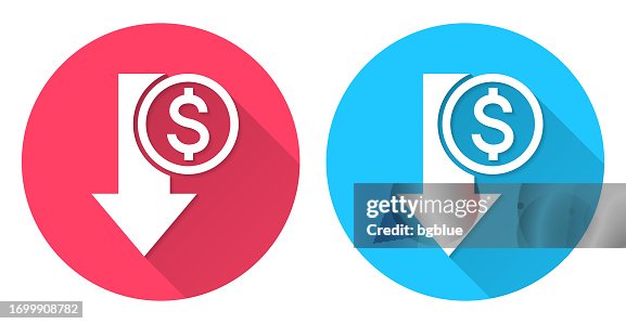 Dollar decrease. Round icon with long shadow on red or blue background Dollar decrease. Round icon with long shadow on red or blue background