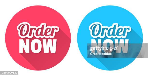 order now. round icon with long shadow on red or blue background - order now stock illustrations