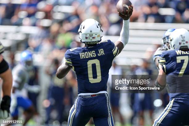Akron Zips quarterback DJ Irons throws a pass during the second quarter of the college football game between the Buffalo Bulls and Akron Zips on...