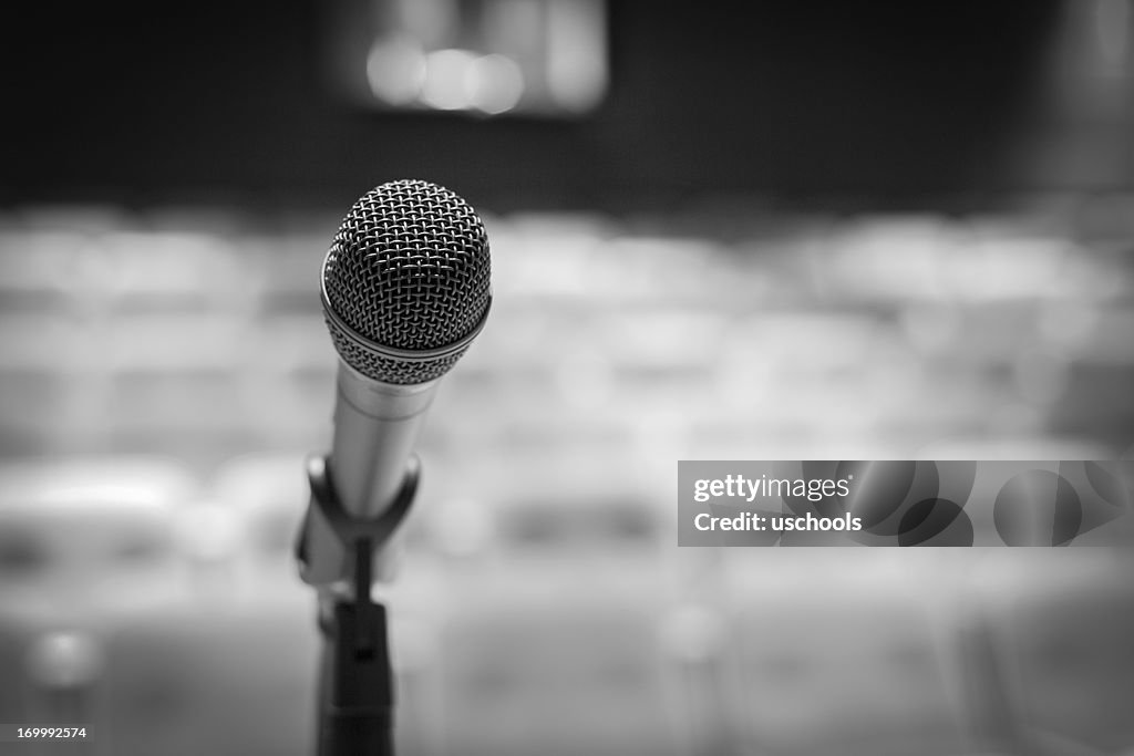 Microphone on stage (Black-and-white image)