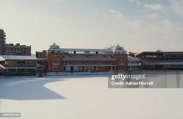 Snow covers the pitch at Lord's Cricket Ground, London, January 1985.