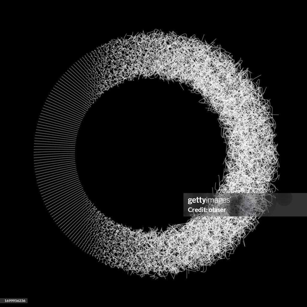 An illustrative composition featuring a dichotomy of order and chaos within an uneven circle made of thin lines.