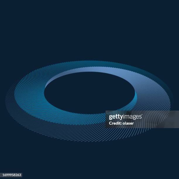 楕円形の青い渦巻き線が独特の遠近法で配置され、奥行き感と躍動感を生み出す印象的な視覚化。 - 絡まる点のイラスト素材／クリップアート素材／マンガ素材／アイコン素材