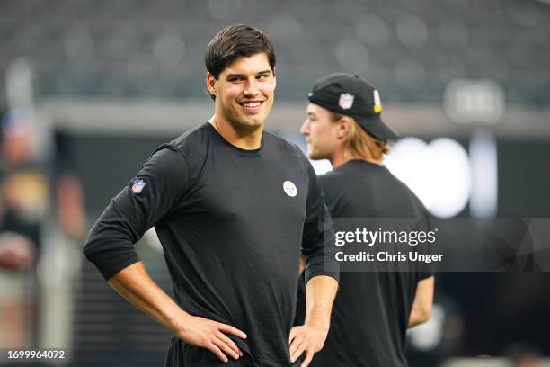 Quarterback Mason Rudolph of the Pittsburgh Steelers looks on during warmups before a game against the Las Vegas Raiders at Allegiant Stadium on...