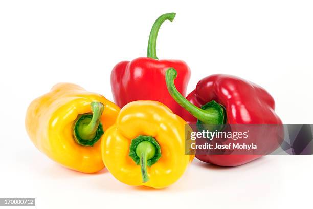 yellow and red bell peppers - gele paprika stockfoto's en -beelden