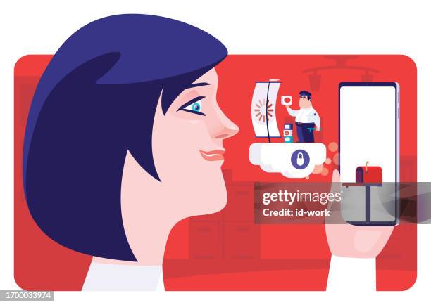 woman looking at security guard who holding message icon and coming out from smartphone - essential services icons stock illustrations