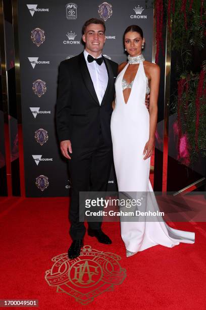 Jack Viney and wife Charlotte Viney arrive ahead of the 2023 Brownlow Medal at on September 25, 2023 in Melbourne, Australia.