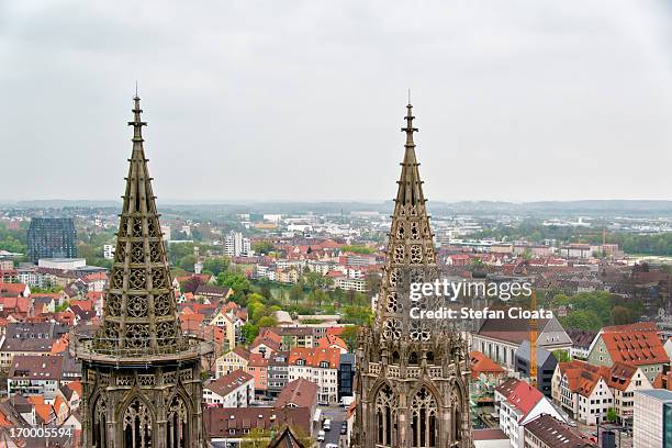 the towers of ulmer münster - ulm minster stock pictures, royalty-free photos & images