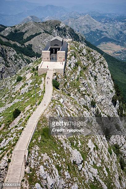 lovcen mausoleum, montenegro (aerial view) - cetinje stock pictures, royalty-free photos & images