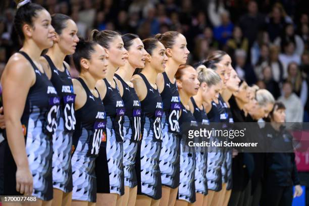 Karin Burger of New Zealand and her team mates line up for their national anthem prior to the International Test Match between the New Zealand Silver...