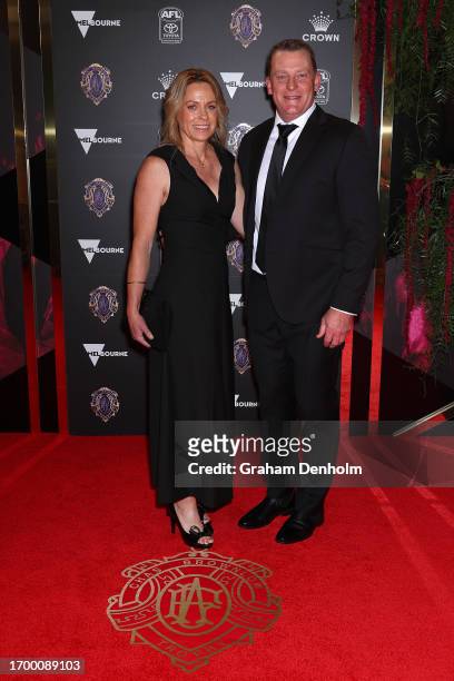 Michael Voss Coach of Carlton and wife Donna Voss arrive ahead of the 2023 Brownlow Medal at Crown Palladium on September 25, 2023 in Melbourne,...