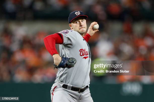 Patrick Corbin of the Washington Nationals pitches in the second inning during a game against the Baltimore Orioles at Oriole Park at Camden Yards on...