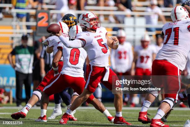 Miami RedHawks quarterback Brett Gabbert throws a pass during the second quarter of the college football game between the Miami RedHawks and and Kent...