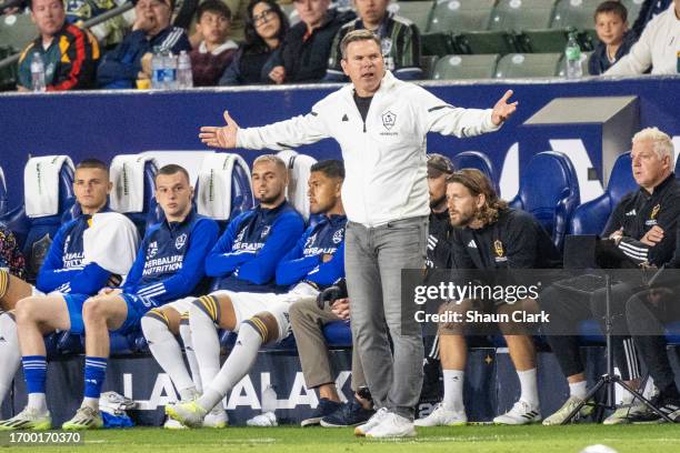 Los Angeles Galaxy Head Coach Greg Vanney complains during the match against Portland Timbers at Dignity Health Sports Park on September 30, 2023 in...