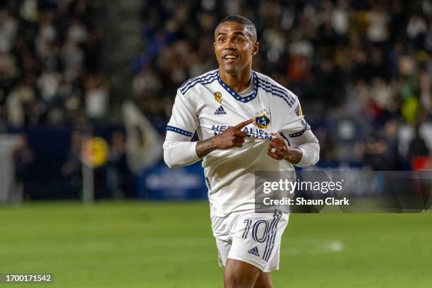 Douglas Costa of Los Angeles Galaxy celebrates his goal during the match against Portland Timbers at Dignity Health Sports Park on September 30, 2023...