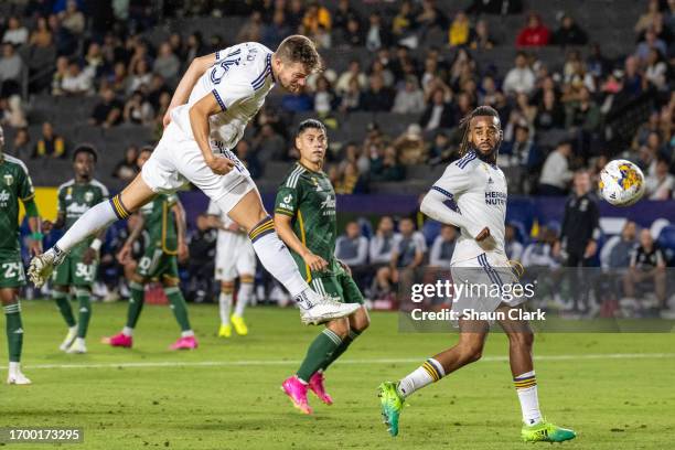 Eriq Zavaleta of Los Angeles Galaxy scores his second goal during the match against Portland Timbers at Dignity Health Sports Park on September 30,...