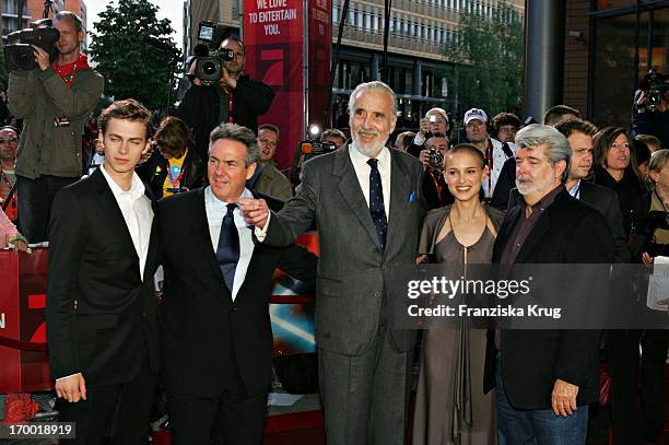 Hayden Christensen, Rick Mccallum, Christopher Lee, Natalie Portman and George Lucas In Germany at Premiere Of "Star Wars Episode Iii Revenge of the...