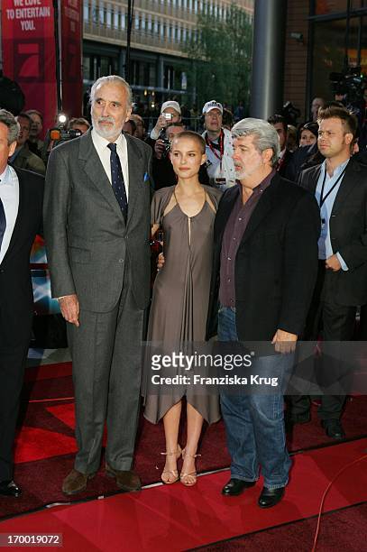 Christopher Lee, Natalie Portman and George Lucas at the Germany premiere of "Star Wars Episode Iii Revenge of the Sith," the theater at Potsdamer...