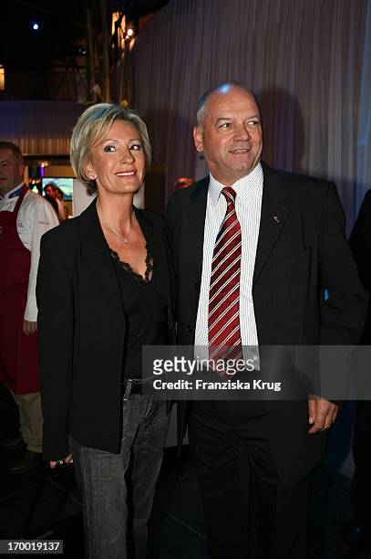Joachim Hunold with Sabine Christiansen When "Fly Into The Sunshine" Air Berlin media meeting in Hangar 2 In the Event Center Tempelhof Airport in...