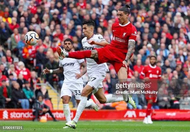 Darwin Nunez of Liverpool scores the team's second goal during the Premier League match between Liverpool FC and West Ham United at Anfield on...