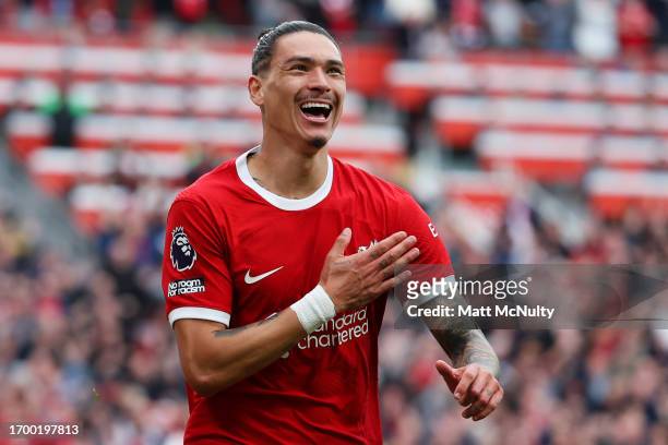 Darwin Nunez of Liverpool celebrates after scoring the team's second goal during the Premier League match between Liverpool FC and West Ham United at...