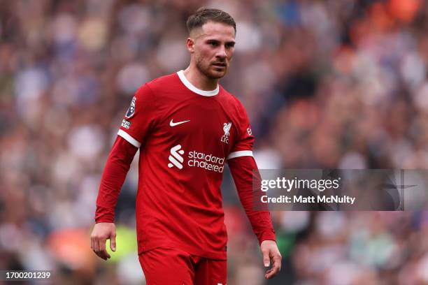 Alexis Mac Allister of Liverpool looks on during the Premier League match between Liverpool FC and West Ham United at Anfield on September 24, 2023...