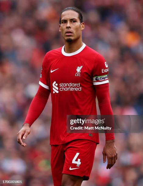 Virgil van Dijk of Liverpool looks on during the Premier League match between Liverpool FC and West Ham United at Anfield on September 24, 2023 in...