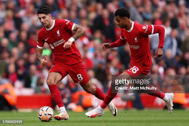 Dominik Szoboszlai and Cody Gakpo of Liverpool during the Premier League match between Liverpool FC and West Ham United at Anfield on September 24,...