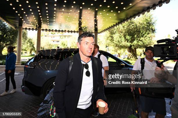 Rory McIlroy of Northern Ireland and Team Europe arrives to the Cavalieri Hotel prior to the 2023 Ryder Cup on September 25, 2023 in Rome, Italy.