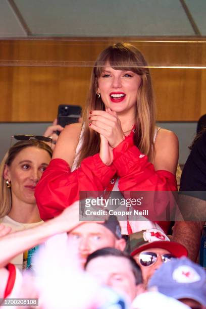 Taylor Swift cheers from a suite as the Kansas City Chiefs play the Chicago Bears at GEHA Field at Arrowhead Stadium on September 24, 2023 in Kansas...