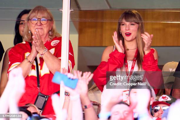 Taylor Swift cheers from a suite as the Kansas City Chiefs play the Chicago Bears at GEHA Field at Arrowhead Stadium on September 24, 2023 in Kansas...