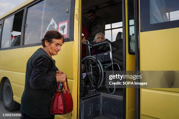 Civilians from Stepanakert, largest city of Karabakh seen inside an evacuation bus on arrival to Kornidzor, Armenia. Some of the last few ethnic...