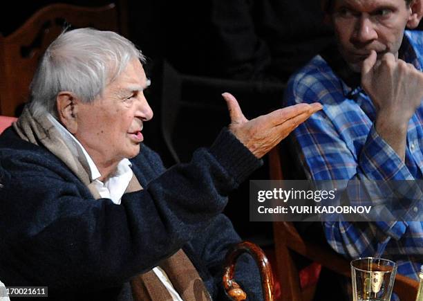 Russian stage direction patriarch Yuri Lyubimov gestures during the dress rehearsal of the "Prince Igor" opera, by Russian composer Alexander...