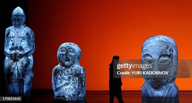 An opera singer performs during the dress rehearsal of the "Prince Igor" opera, by Russian composer Alexander Borodin, at the Bolshoi theatre in...