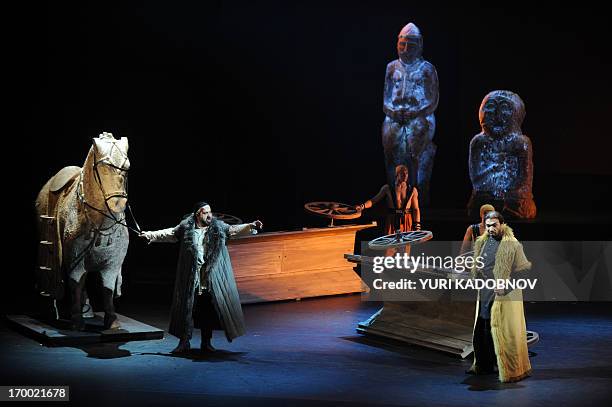 Opera singers Yelchin Azizov as Prince Igor and Valery Gilmanov as Konchak, Polovtsian khan, perform during the dress rehearsal of the "Prince Igor"...