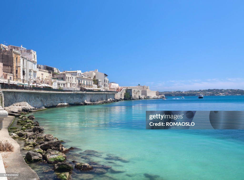 Ortygia waterfront Promenade and Castello Maniace, Siracusa Sicily Italy