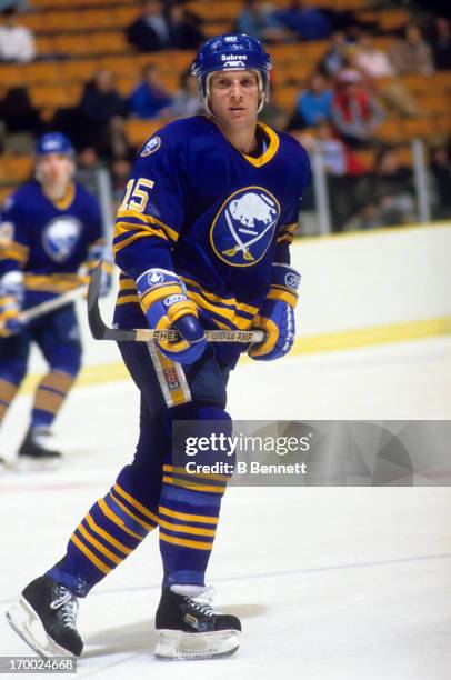 Doug Smith of the Buffalo Sabres skates on the ice during an NHL game against the New Jersey Devils on January 25, 1988 at the Brendan Byrne Arena in...