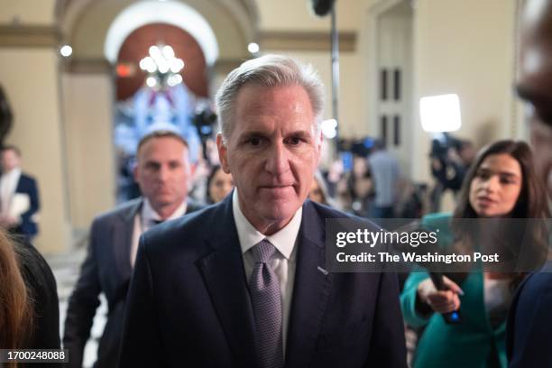 House Speaker Kevin McCarthy walks to the House Chamber before a vote on Capitol Hill on Saturday, September 30, 2023. Republicans are struggling to...