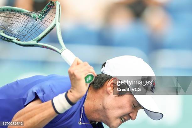 Kwon Soon-woo of Team South Korea smashes his racket after losing the Tennis - Men's Singles Round 2 Match against Kasidit Samrej of Thailand on day...