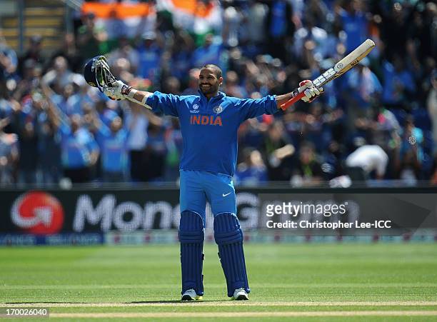Shikhar Dhawan of India celebrates scoring his century during the ICC Champions Trophy group B match between India and South Africa at Cardiff...