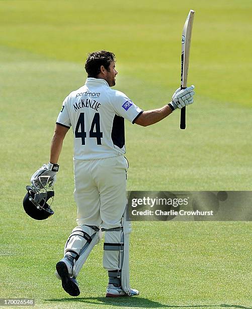 Neil McKenzie of Hampshire celebrates his century during day two of the LV County Championship match between Hampshire and Kent at The Ageas Bowl on...